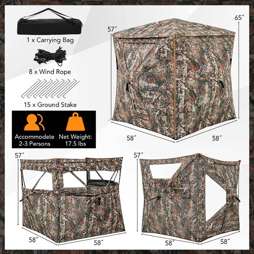 Hunting Outdoors - 5-in-1着脱式ハンティングブラインド、天窓付き2～3人用、屋外迷彩シェルター、1個