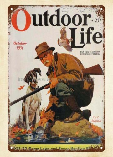 Hunting Quail - 家の内装 1931年 OUTDOOR LIFE雑誌の表紙 ウズラ狩猟犬の金属製ブリキ看板