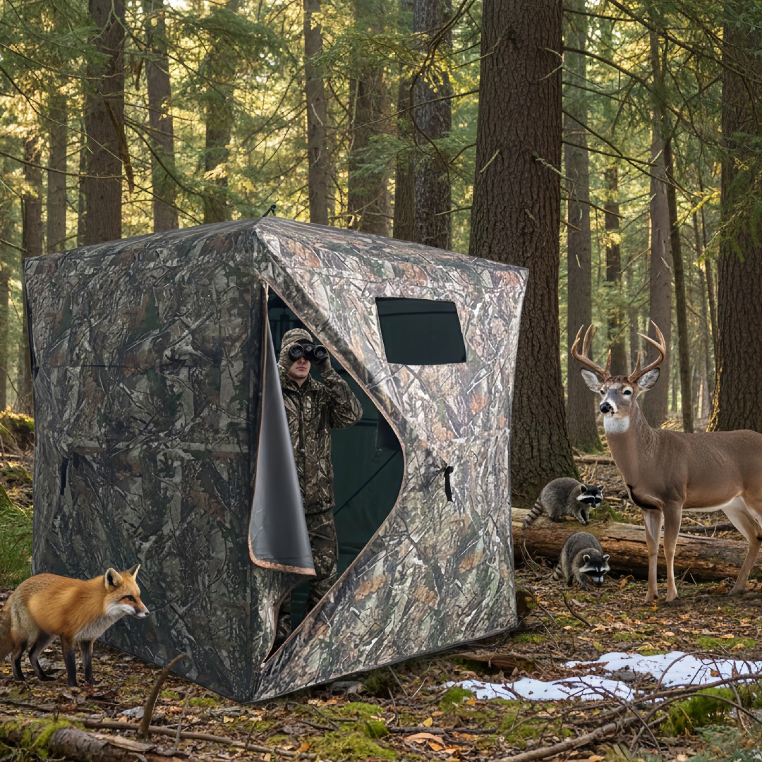 迷彩柄ポップアップハンティングブラインド、簡単設置、地上設置 - Hunting Outdoors のレビューと価格